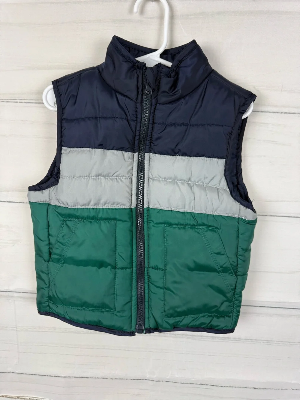 Kids Colorblock Puffer Vest - Navy, Gray & Green